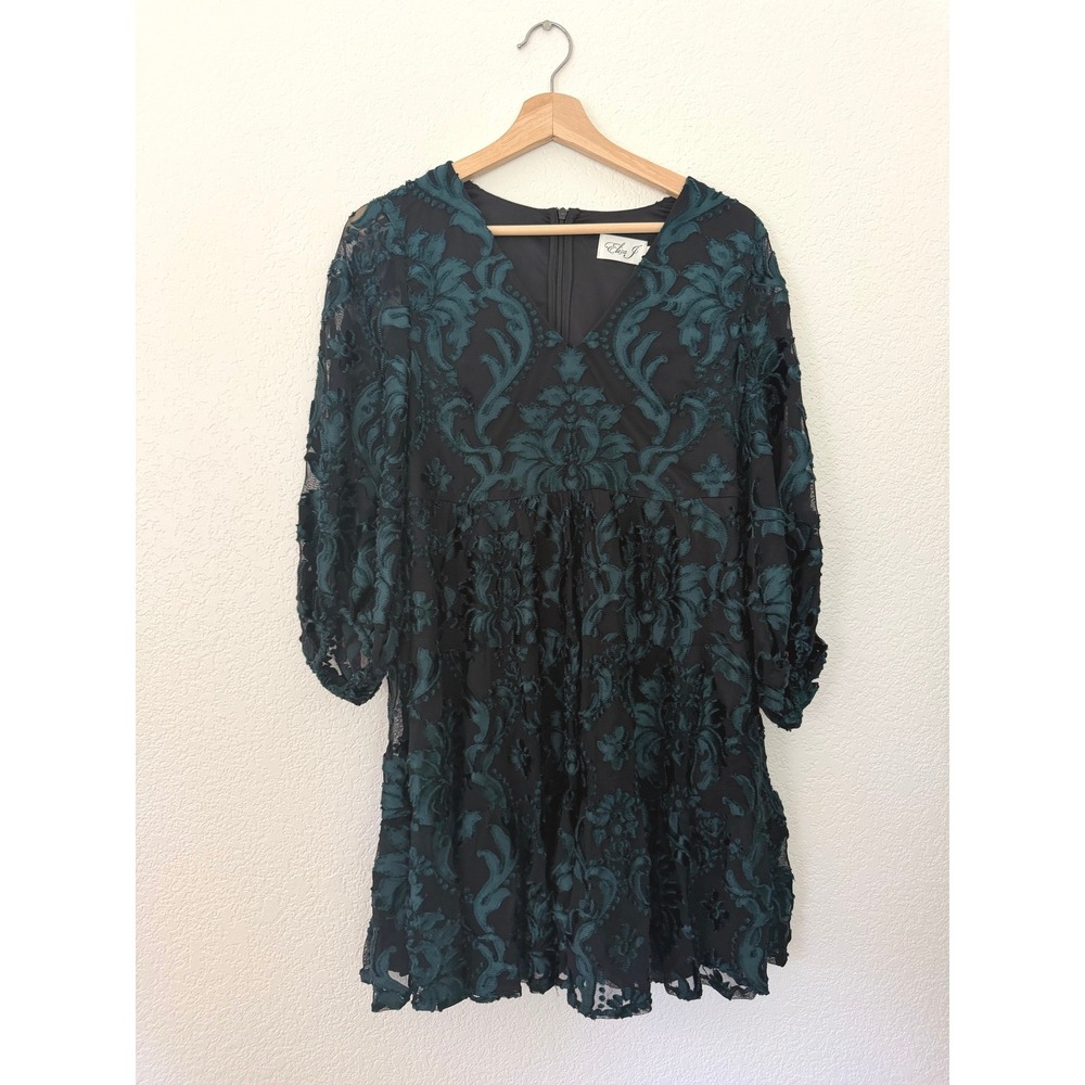 Eliza J Lace Dress Women 8 Green Excellent Floral V-Neck Balloon Sleeve Mini